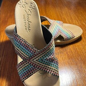 Skechers Womens Beverley Luxe Foam Slide In Multi Wedge Sandal. Size 9